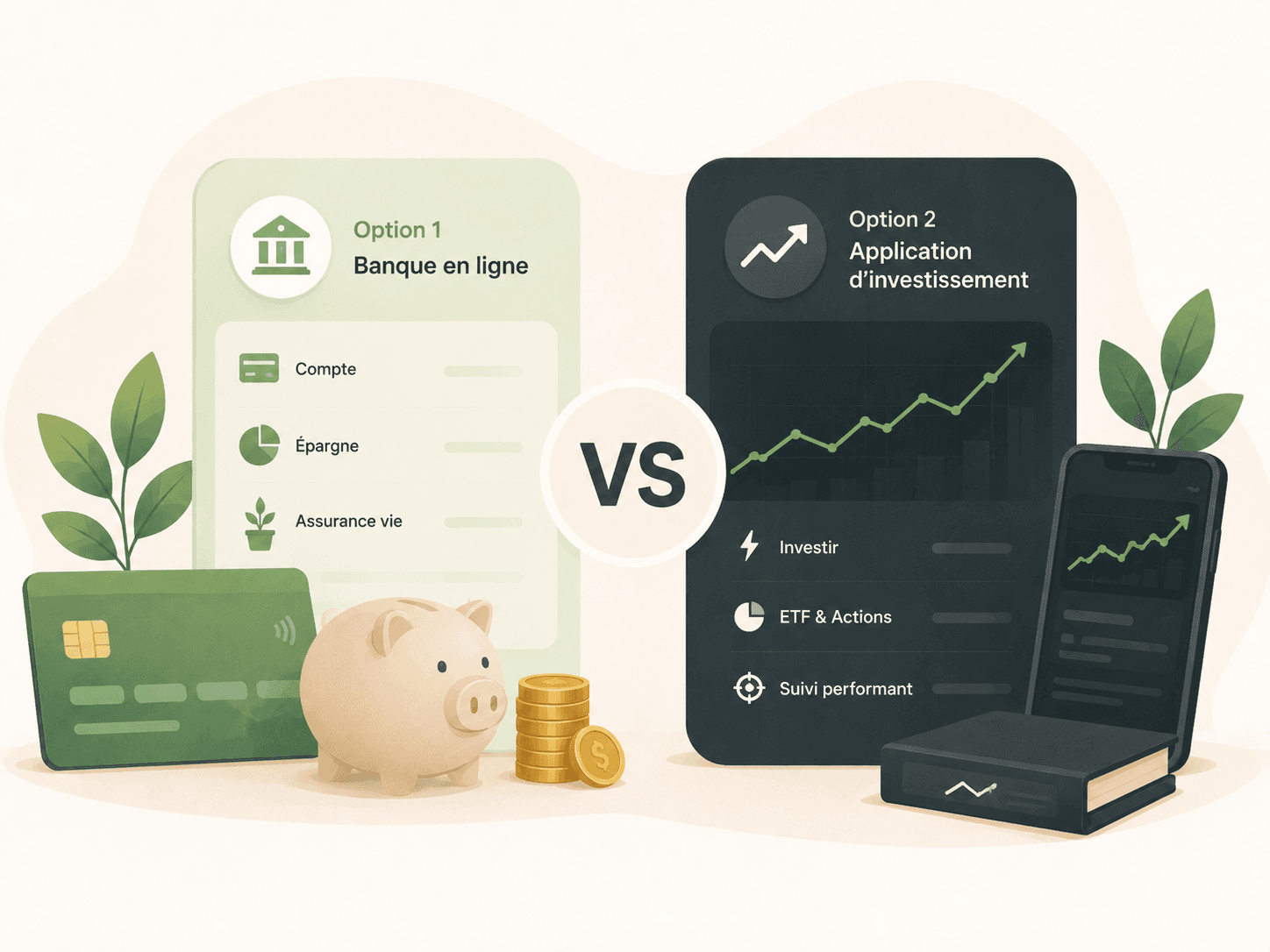 Comparaison banque en ligne (compte, épargne, assurance-vie) et application d'investissement (ETF, actions, suivi de portefeuille)