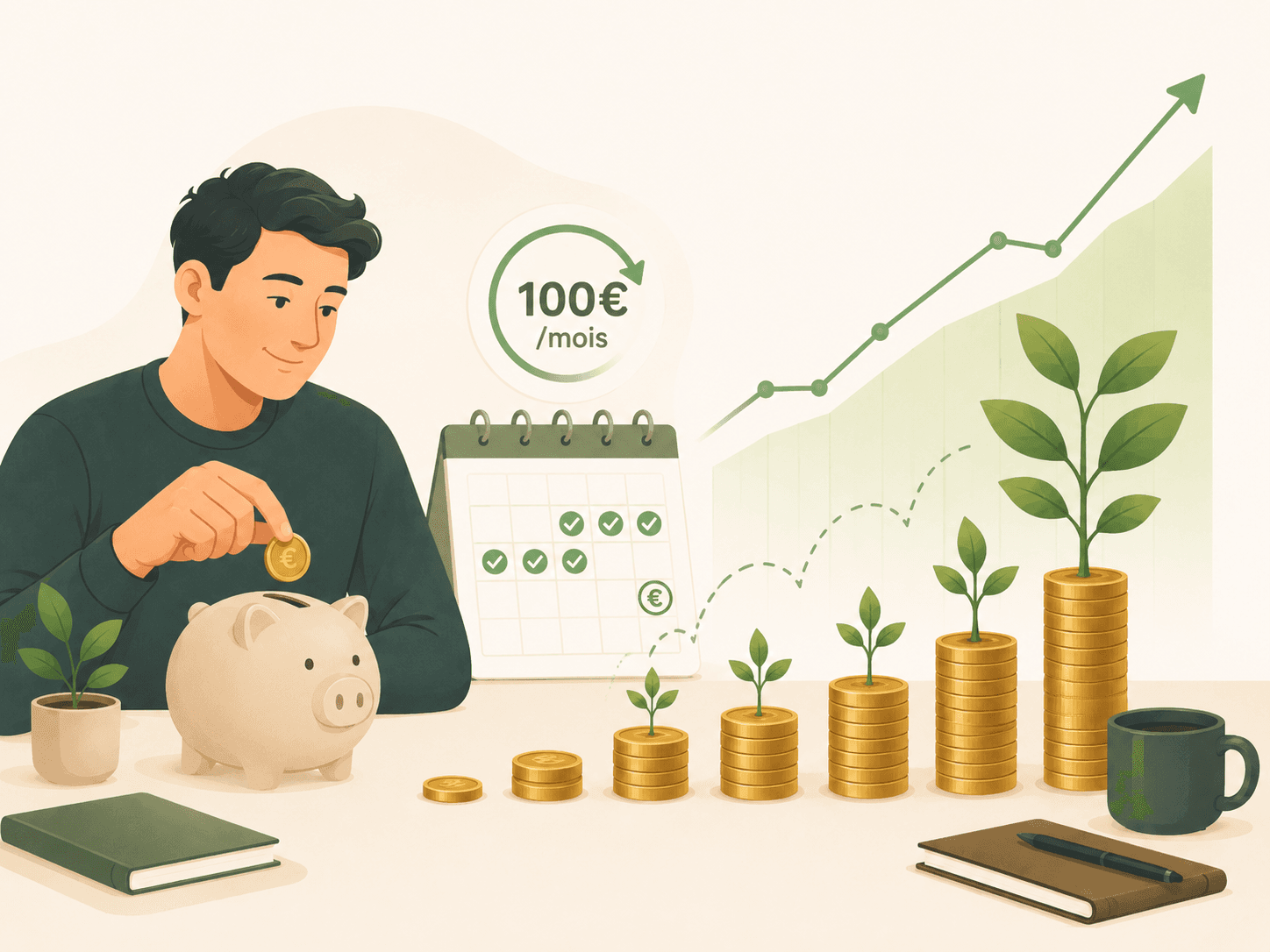 Stratégie DCA illustrée : investir 100 € par mois régulièrement avec un calendrier et une croissance progressive du capital