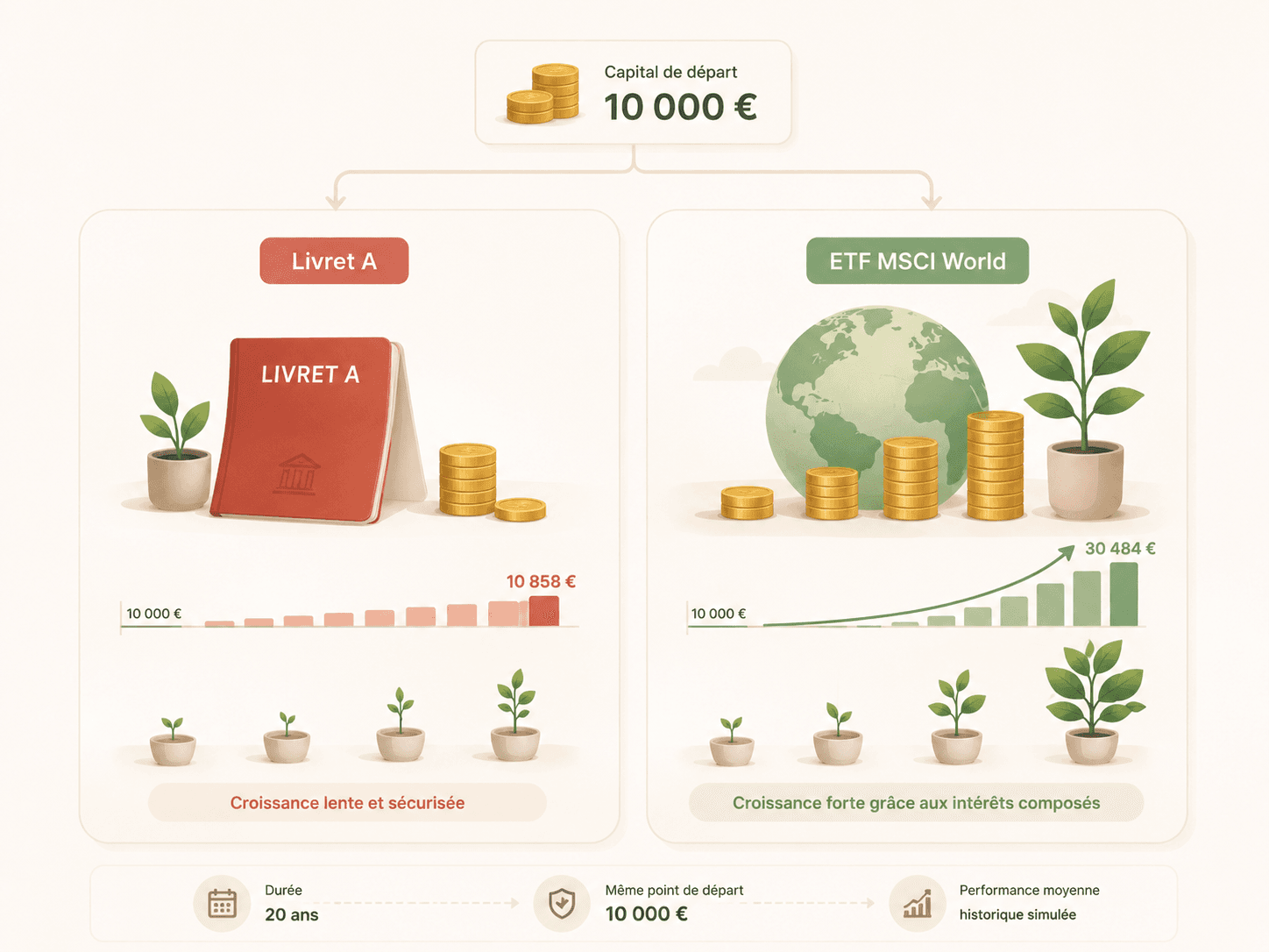 Infographie : 10 000 € sur Livret A donnent 10 858 € contre 30 484 € sur ETF MSCI World après 20 ans