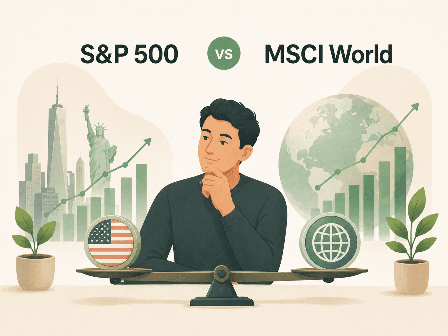 Balance comparant le S&P 500 (500 entreprises américaines) et le MSCI World (1 600 entreprises mondiales) pour choisir son ETF